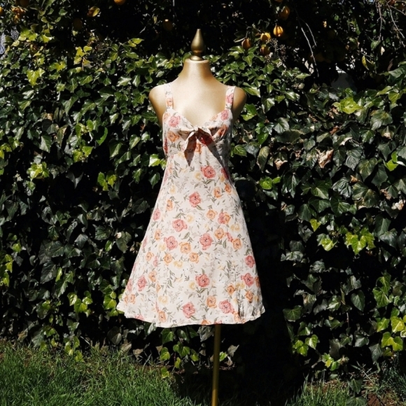 ASTR the Label Cream, Peach Floral Tie Front Cottagecore 90's Spring Mini Dress - Picture 2 of 7